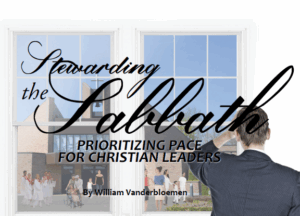 A man in a suit gazes out a window at Belin Chapel and visitors; text reads “Stewarding the Sabbath” by William Vanderbloemen.